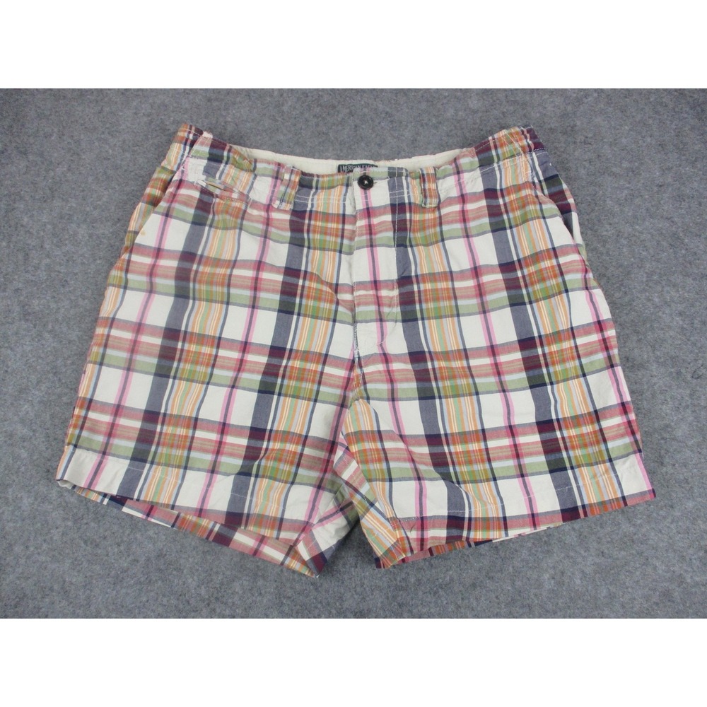 American Eagle Shorts Mens 33 Beige White AE Madras Plaid Flat Front